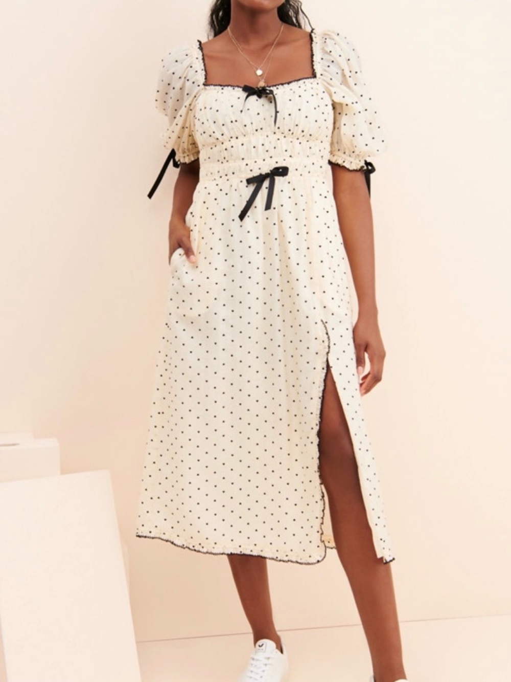 For Love & Lemons Eden Ditsy Heart Print Cream Puff-Sleeve Midi Dress Size S